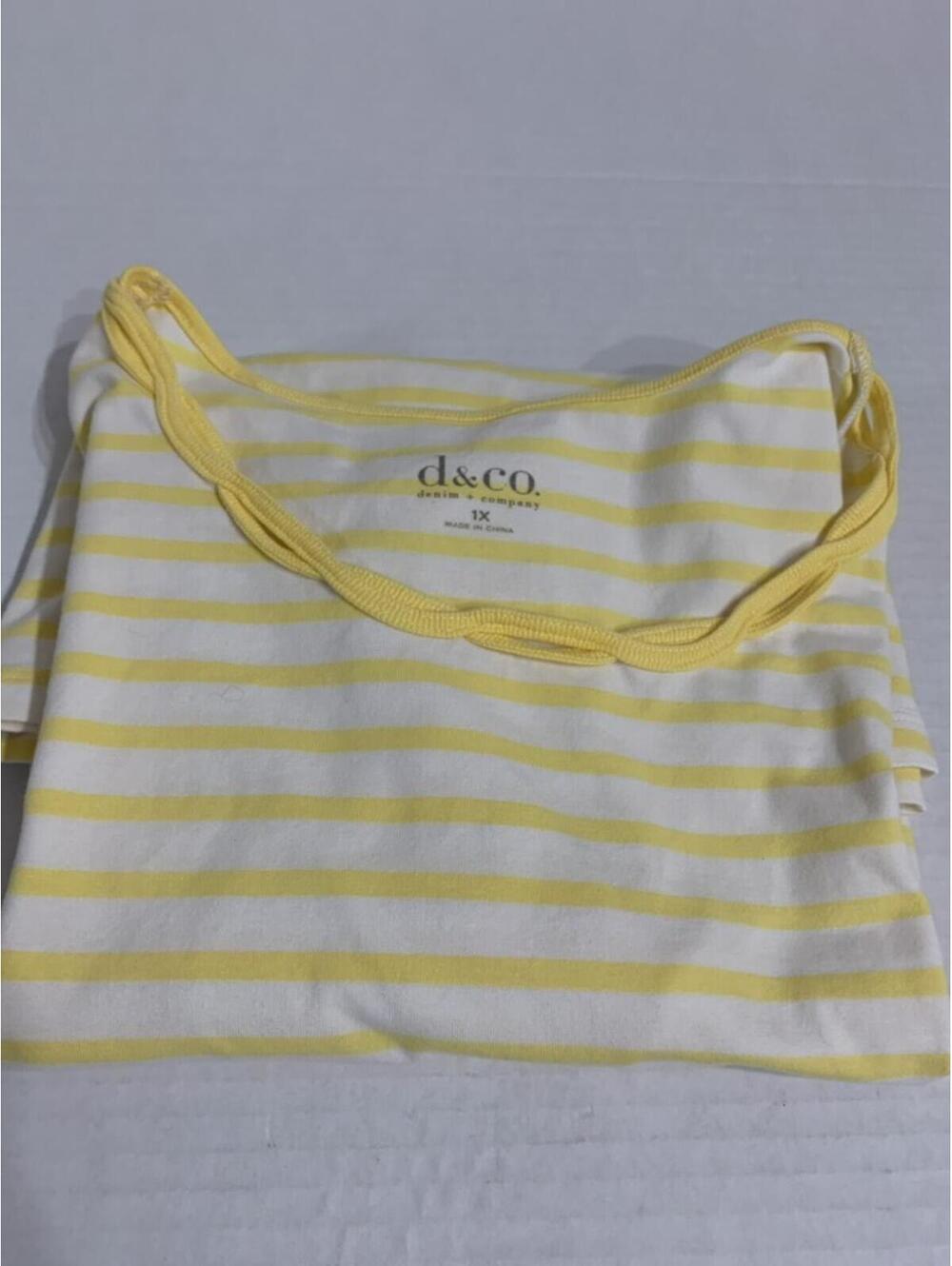 Denim and Co. Size 1X White and Yellow Stripe T Shirt